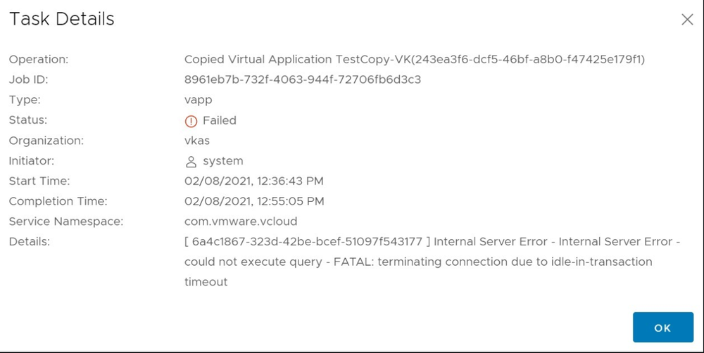 vCloud Director 9.7 idle-in-transaction timeout error | VM Admin ...